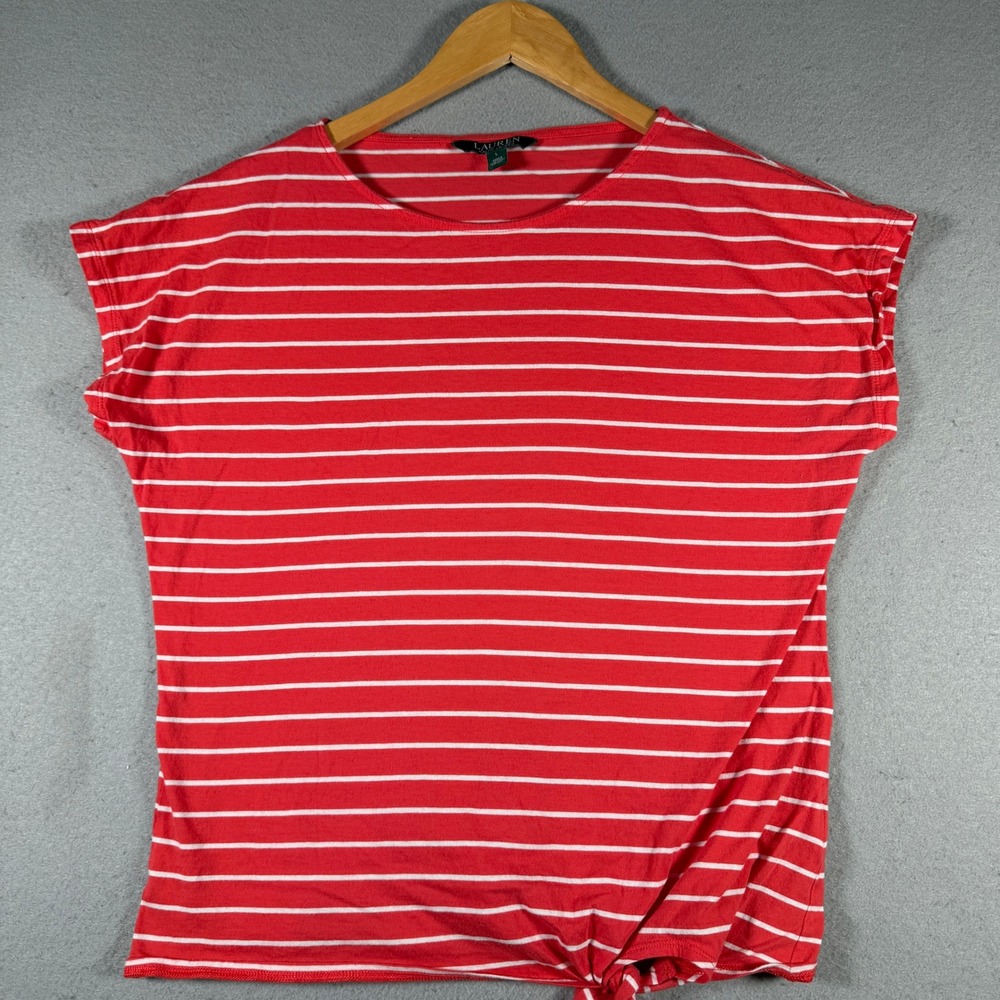 Lauren Ralph Lauren Red White Striped Side Tie Cotton Tee Top Large